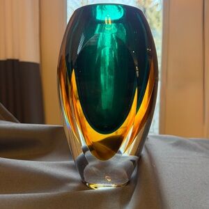 Mid Century Sommerso Art Glass Vase – Emerald & Amber – Heavy 8.25” – 7 lbs